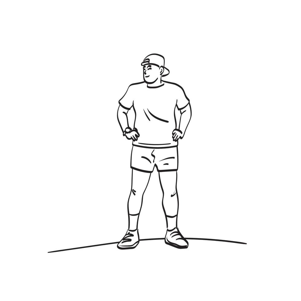 línea arte corredor masculino de longitud completa de pie con gorra en la cabeza ilustración vector dibujado a mano aislado sobre fondo blanco