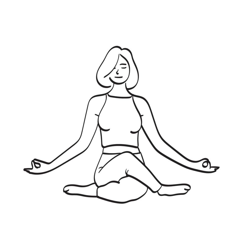 la mujer practica yoga y medita en la posición de loto ilustración vector dibujado a mano aislado en el arte de línea de fondo blanco.