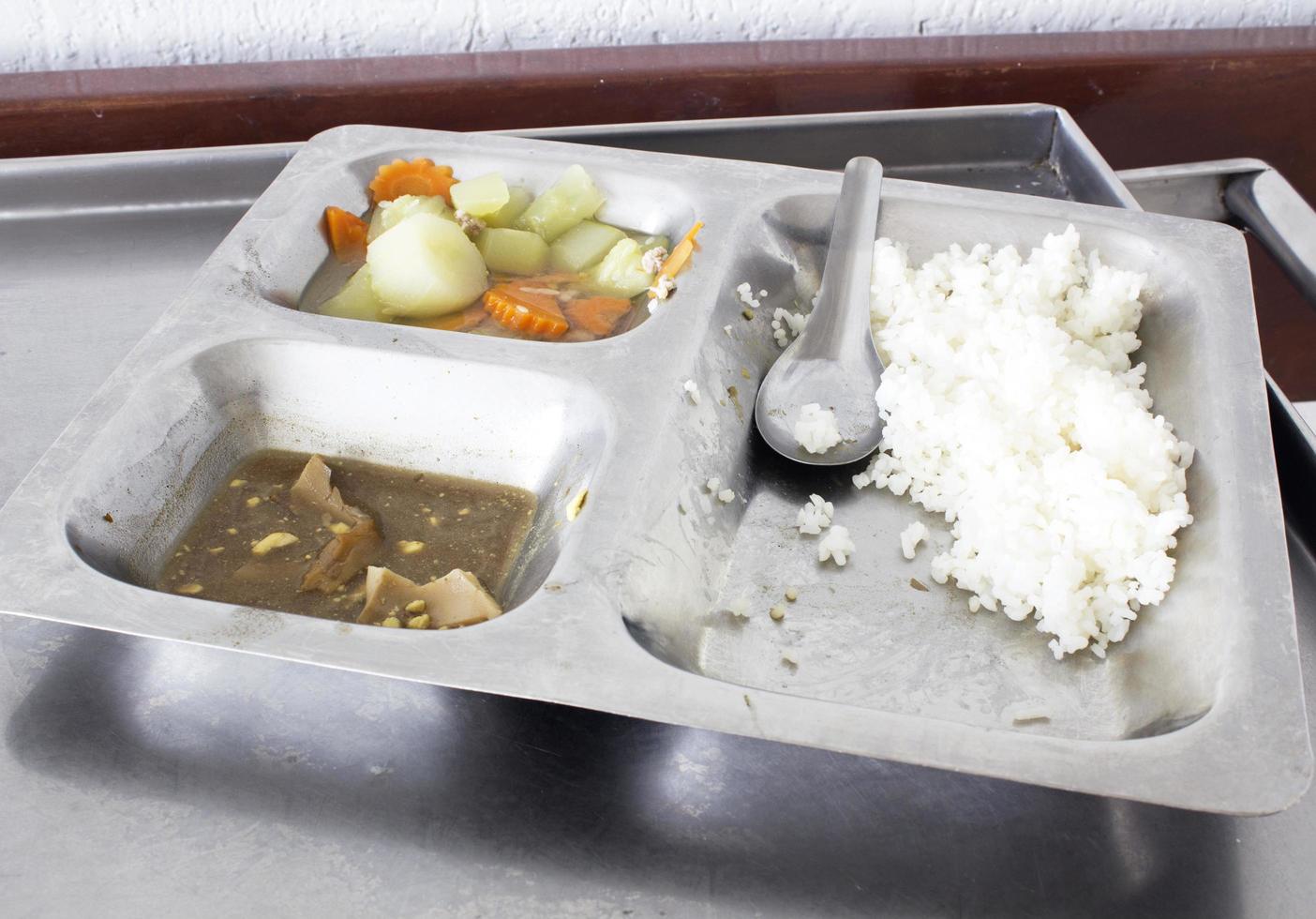 Leftover food in aluminum  tray . photo