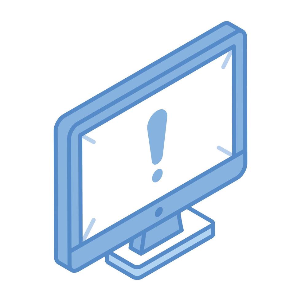 Exclamation mark inside computer, isometric icon of system failure vector