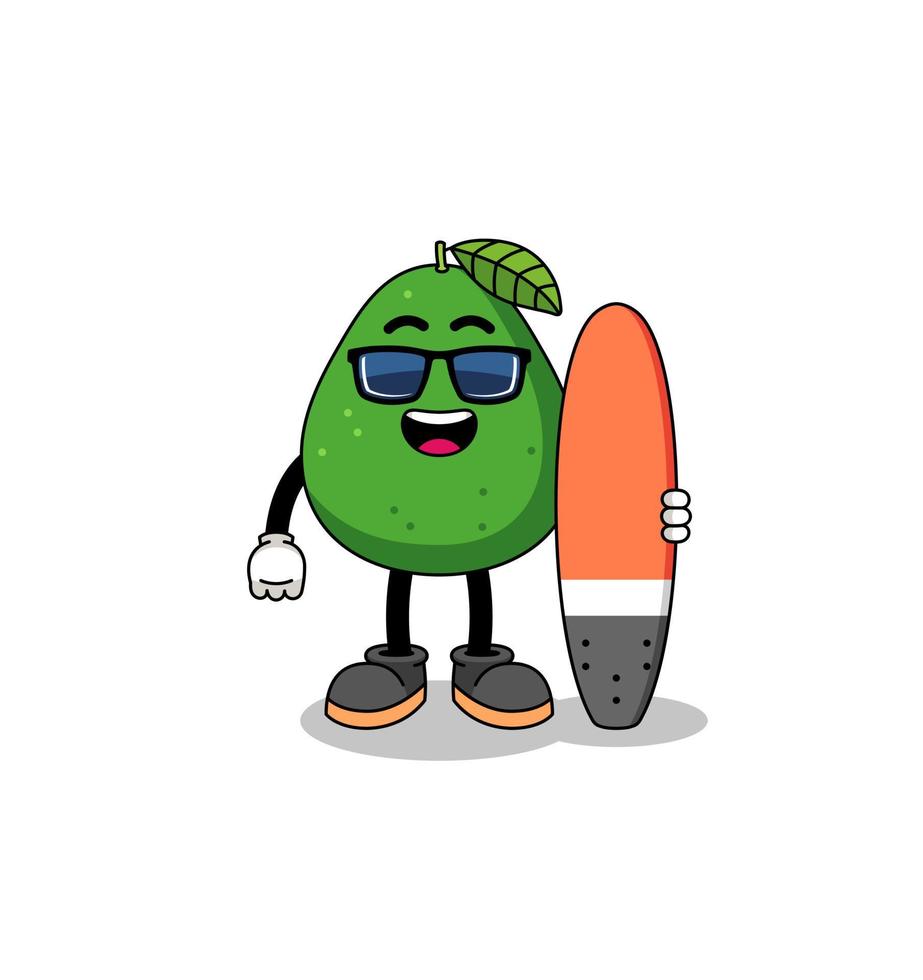 caricatura de mascota de fruta de aguacate como surfista vector