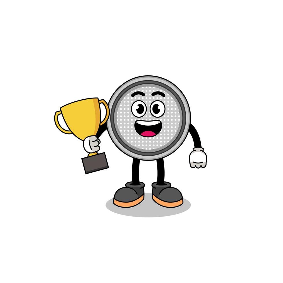 Cartoon mascot of button cell holding a trophy vector