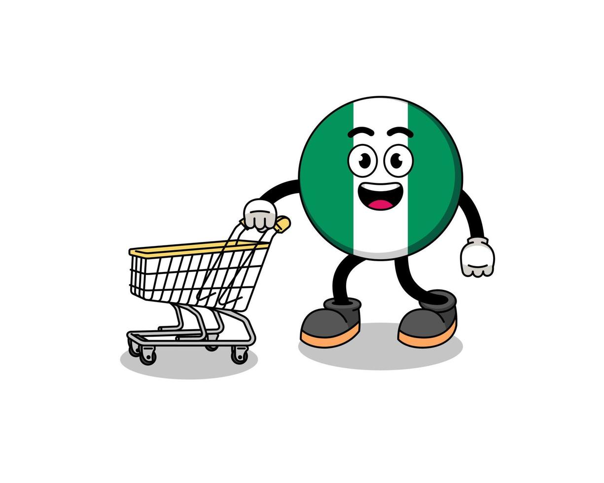 caricatura de la bandera de nigeria sosteniendo un carrito de compras vector