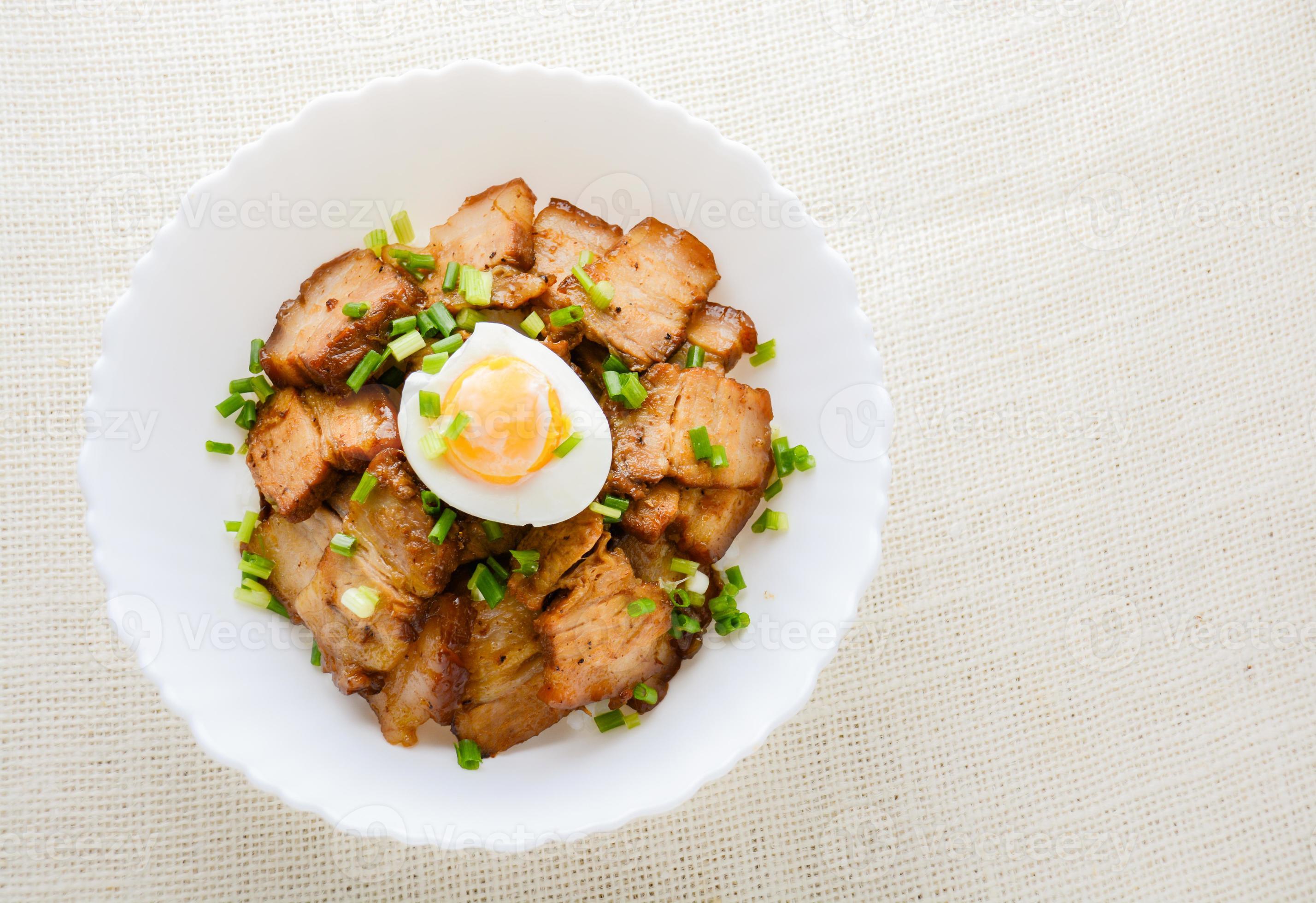 Bowl of rice topped with Braised pork belly and boiled egg, Japanese