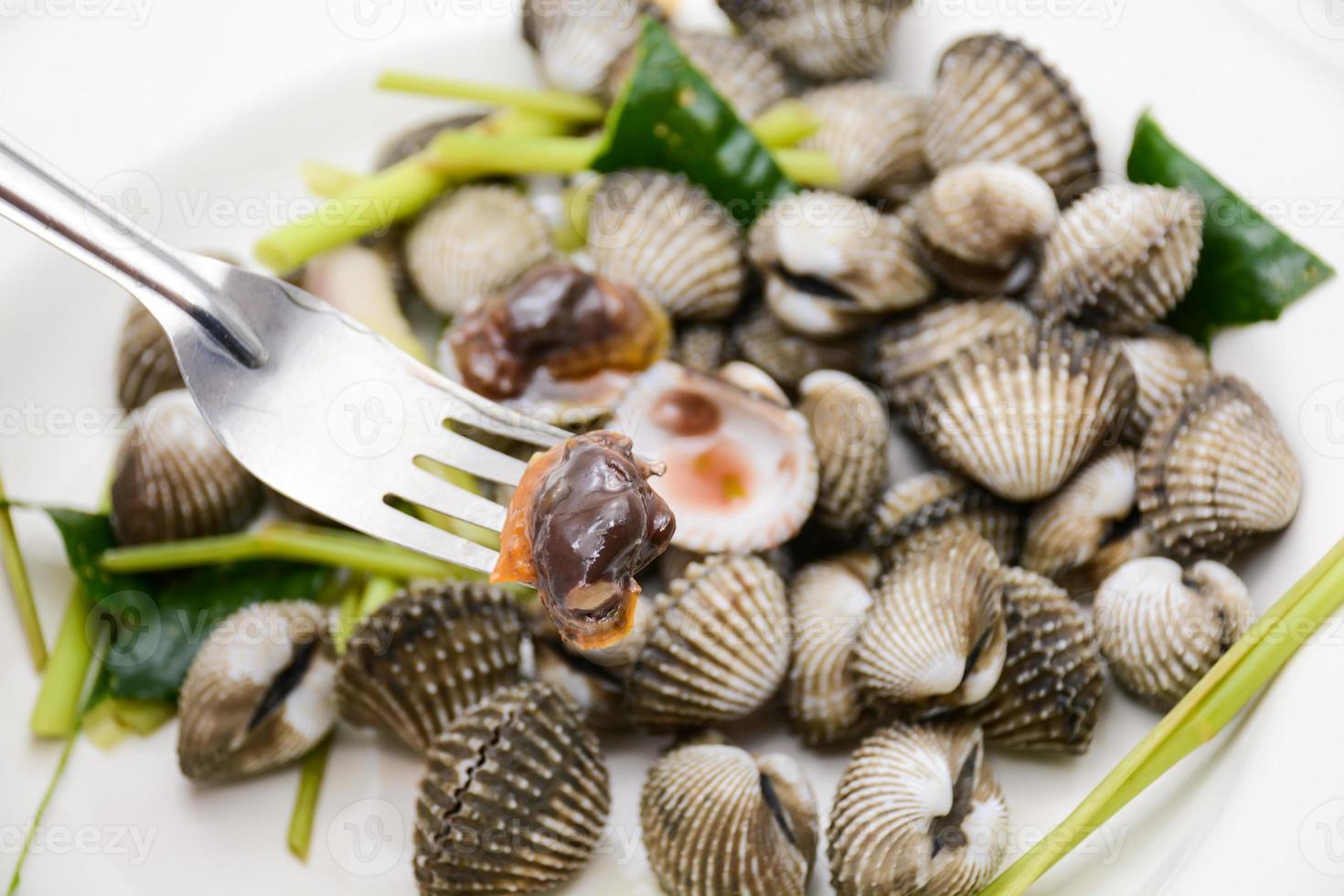 Boiled cockles or scallops with seafood sauce photo