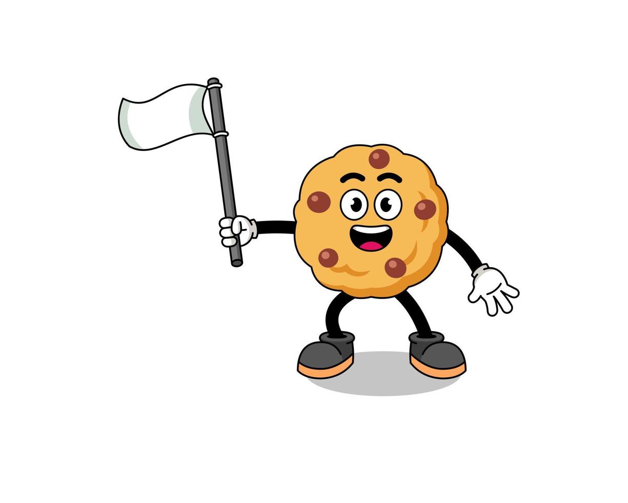 Cartoon Illustration of chocolate chip cookie holding a white flag vector