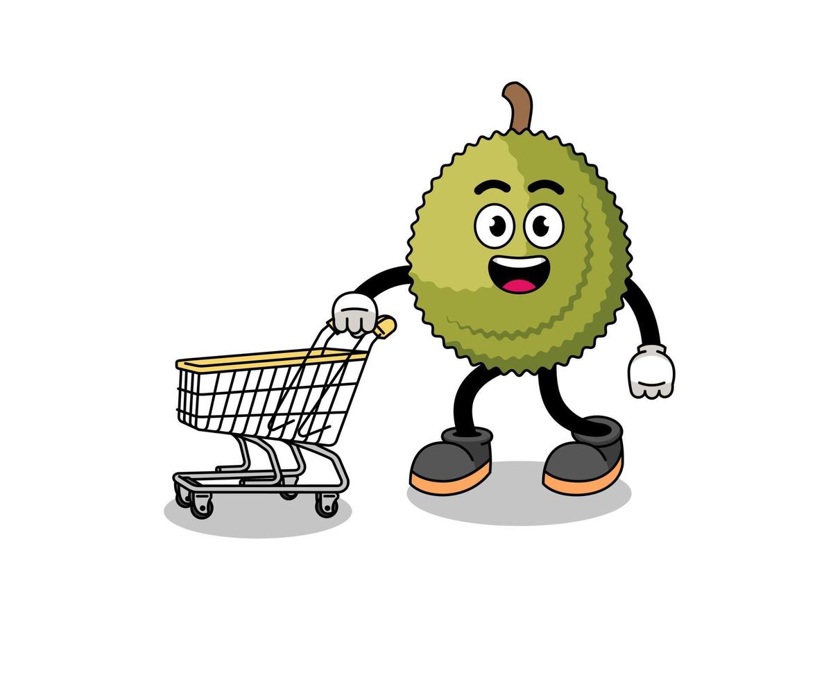 dibujos animados de fruta durian sosteniendo un carrito de compras vector