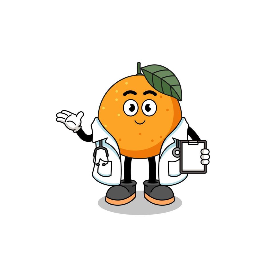 caricatura, mascota, de, fruta naranja, doctor vector