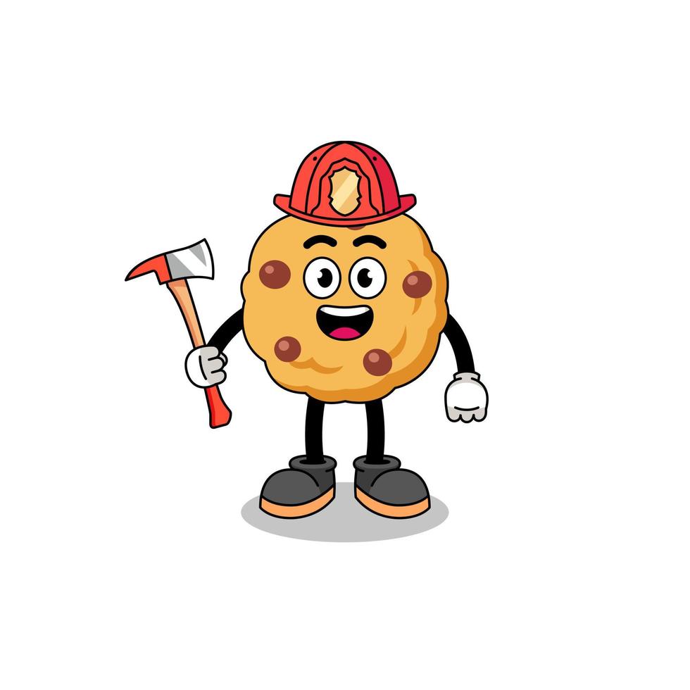 Cartoon mascot of chocolate chip cookie firefighter vector