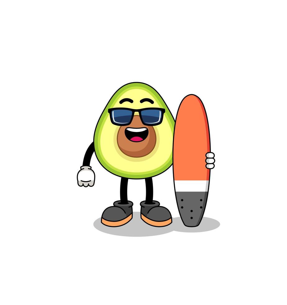 caricatura de mascota de aguacate como surfista vector