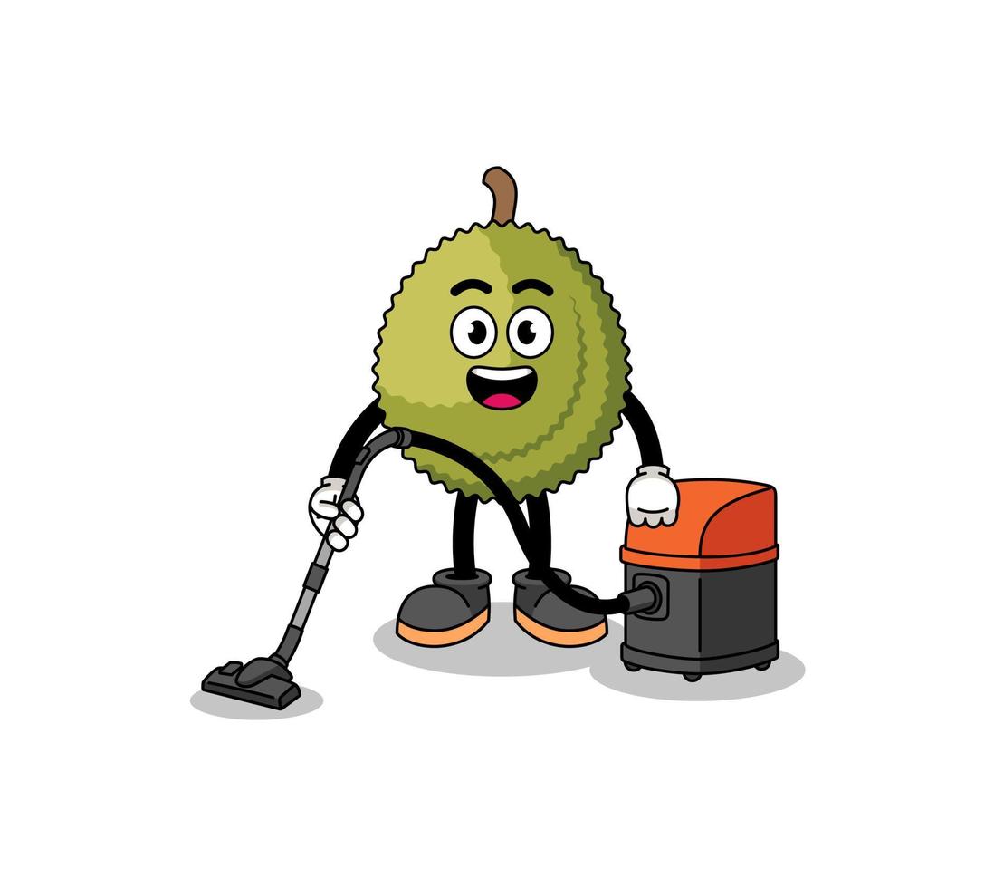 mascota del personaje de la fruta durian con aspiradora vector