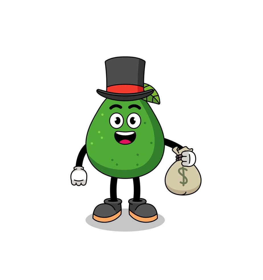 ilustración de mascota de fruta de aguacate hombre rico sosteniendo un saco de dinero vector