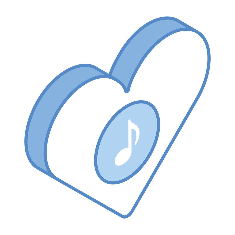 Music note with heart, concept of love song isometric icon vector