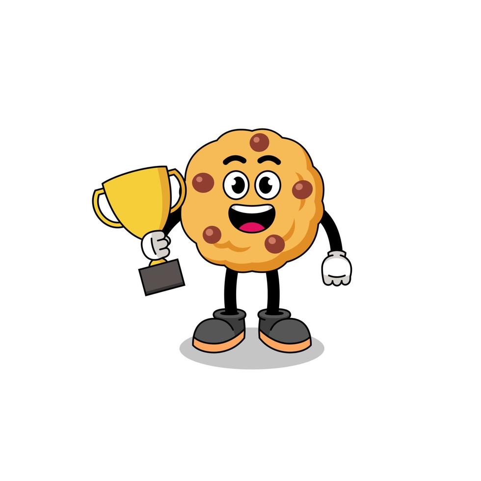 Cartoon mascot of chocolate chip cookie holding a trophy vector