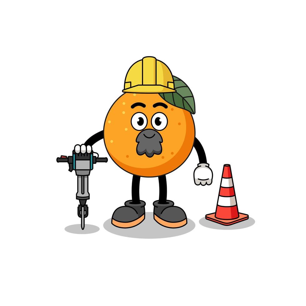 caricatura de personaje de fruta naranja trabajando en la construcción de carreteras vector