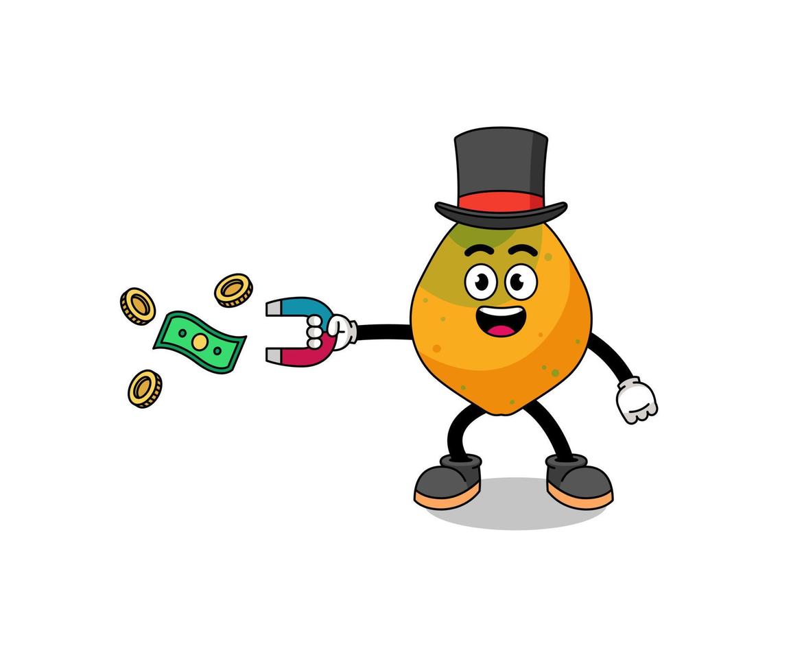 ilustración de personaje de papaya atrapando dinero con un imán vector