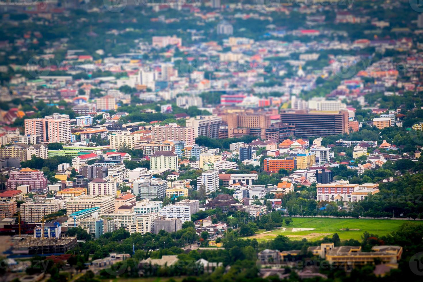 Tilt and shift miniature effect of buildings in Chiang Mai, Thailand photo