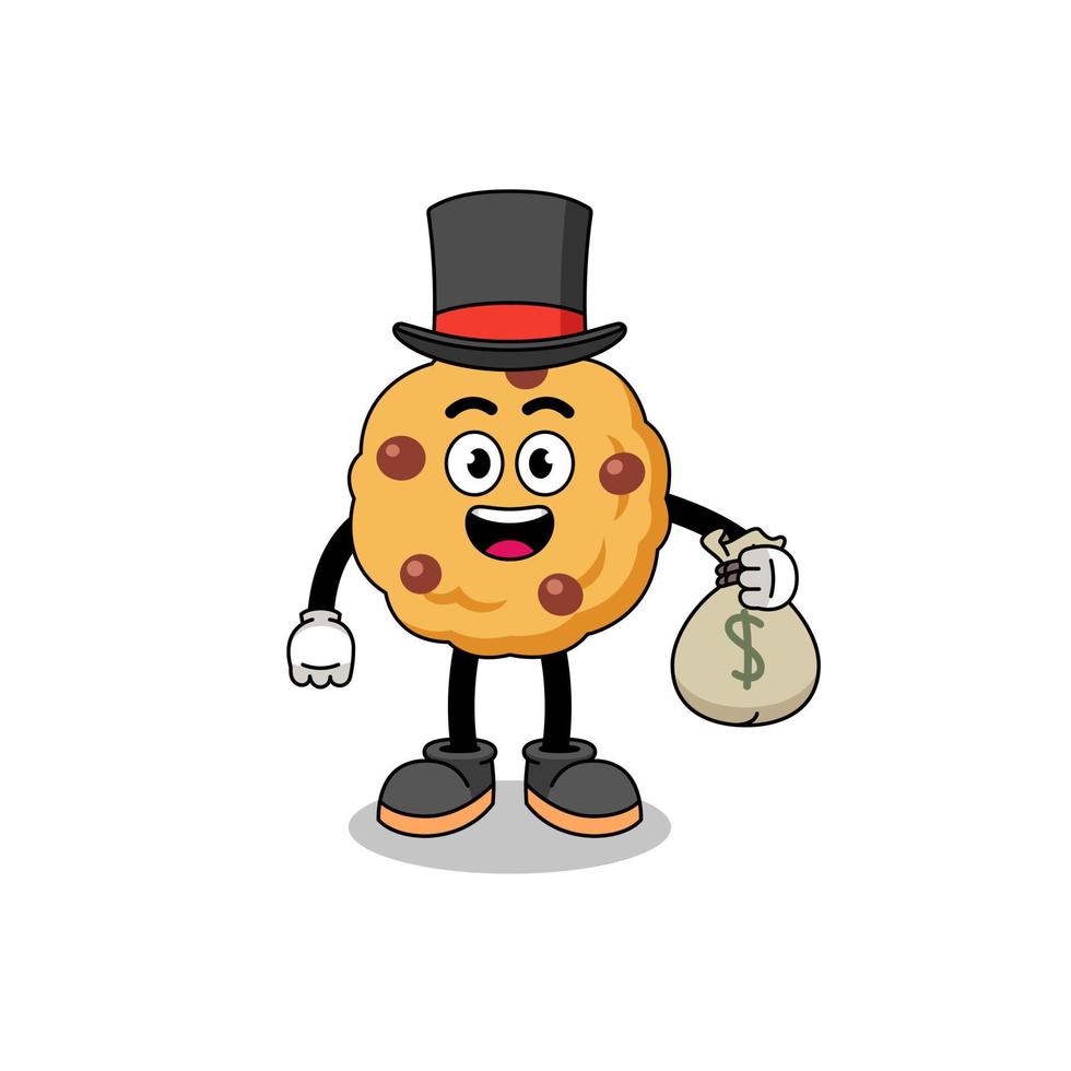 chocolate chip cookie mascot illustration rich man holding a money sack vector
