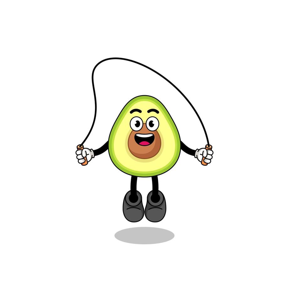 la caricatura de la mascota del aguacate está jugando a saltar la cuerda vector