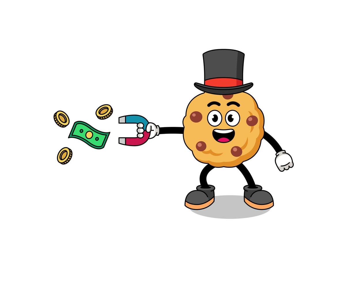 ilustración de personaje de galleta con chispas de chocolate atrapando dinero con un imán vector