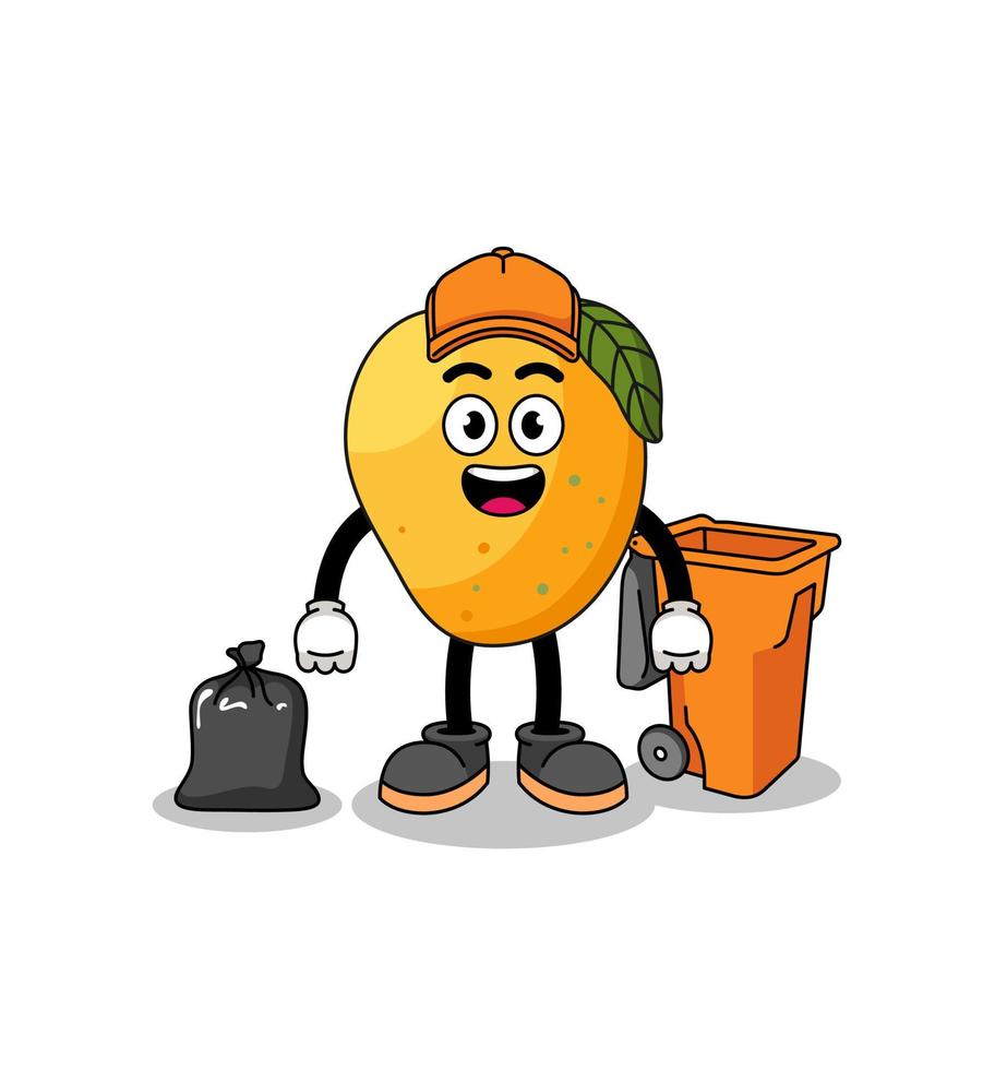 ilustración de dibujos animados de fruta de mango como recolector de basura vector