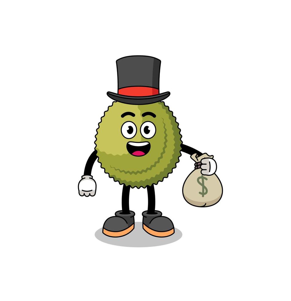 durian fruit mascot illustration rich man holding a money sack vector