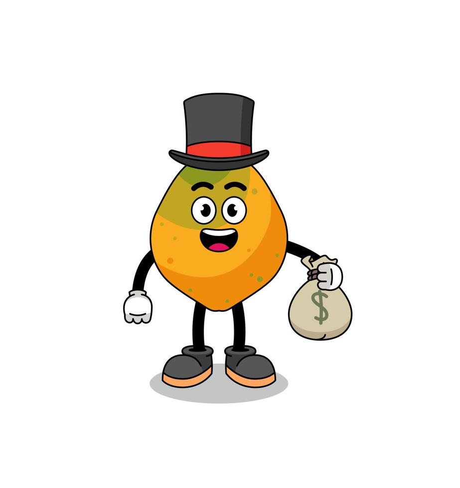 papaya fruit mascot illustration rich man holding a money sack vector