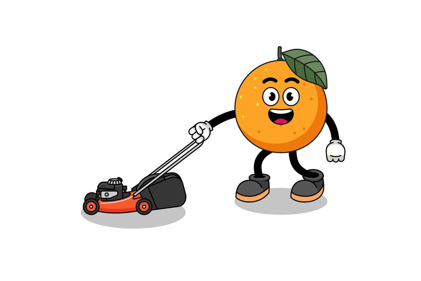 orange fruit illustration cartoon holding lawn mower vector