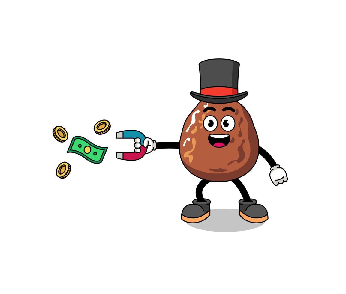 ilustración de personaje de fruta de dátil atrapando dinero con un imán vector