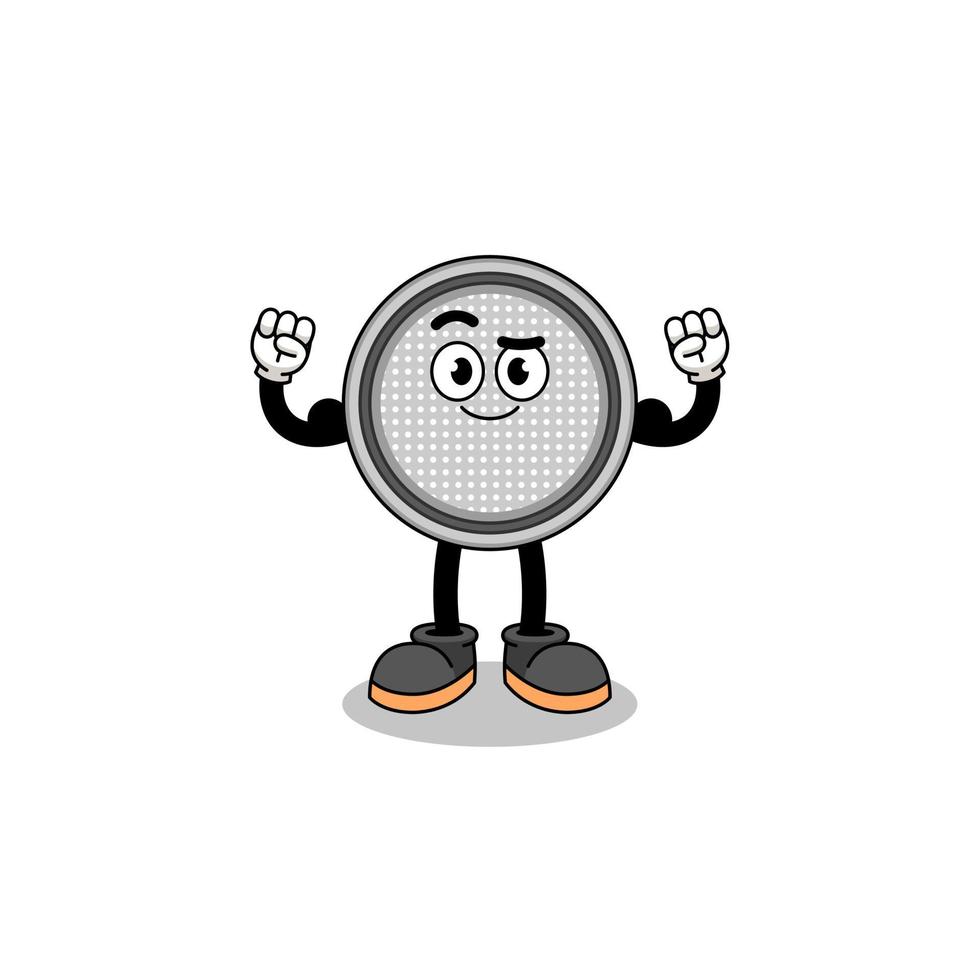 Mascot cartoon of button cell posing with muscle vector