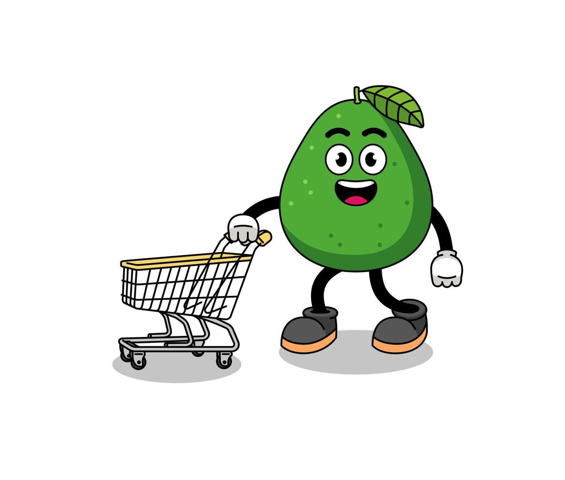 Cartoon of avocado fruit holding a shopping trolley vector