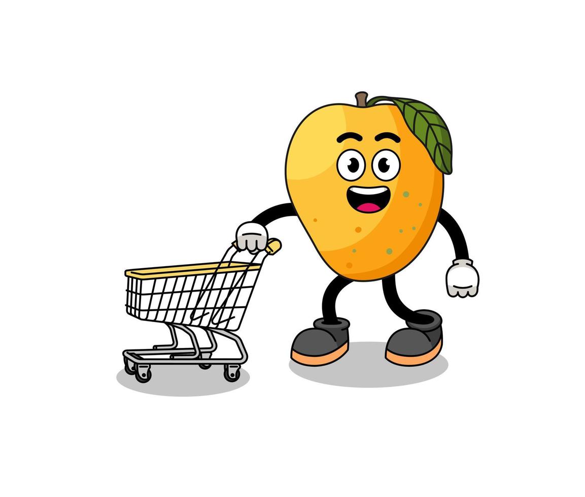 caricatura de fruta de mango sosteniendo un carrito de compras vector