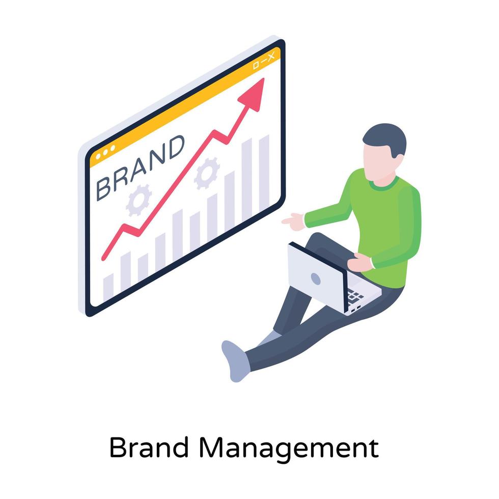 Person with growth chart and cogwheels, isometric icon of brand management vector
