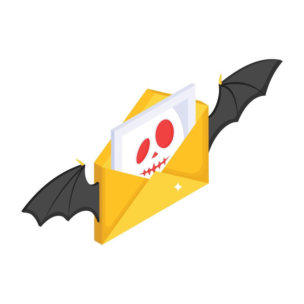 Envelope with bat wings and creepy face, concept of Halloween invitation isometric icon vector