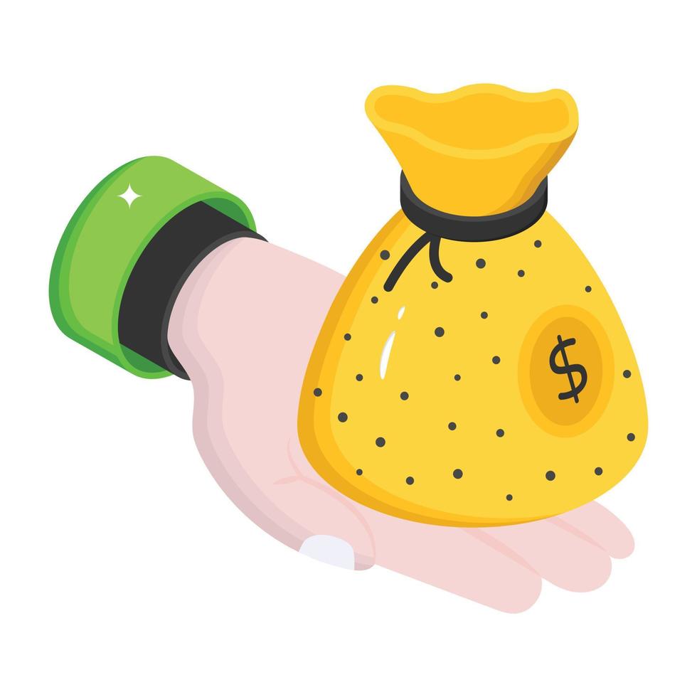 A well-designed isometric icon of money bag Cash, money, bag, sack, hand, wealth, capital, currency, coins, dollar, finance, icon, vector, isometric vector