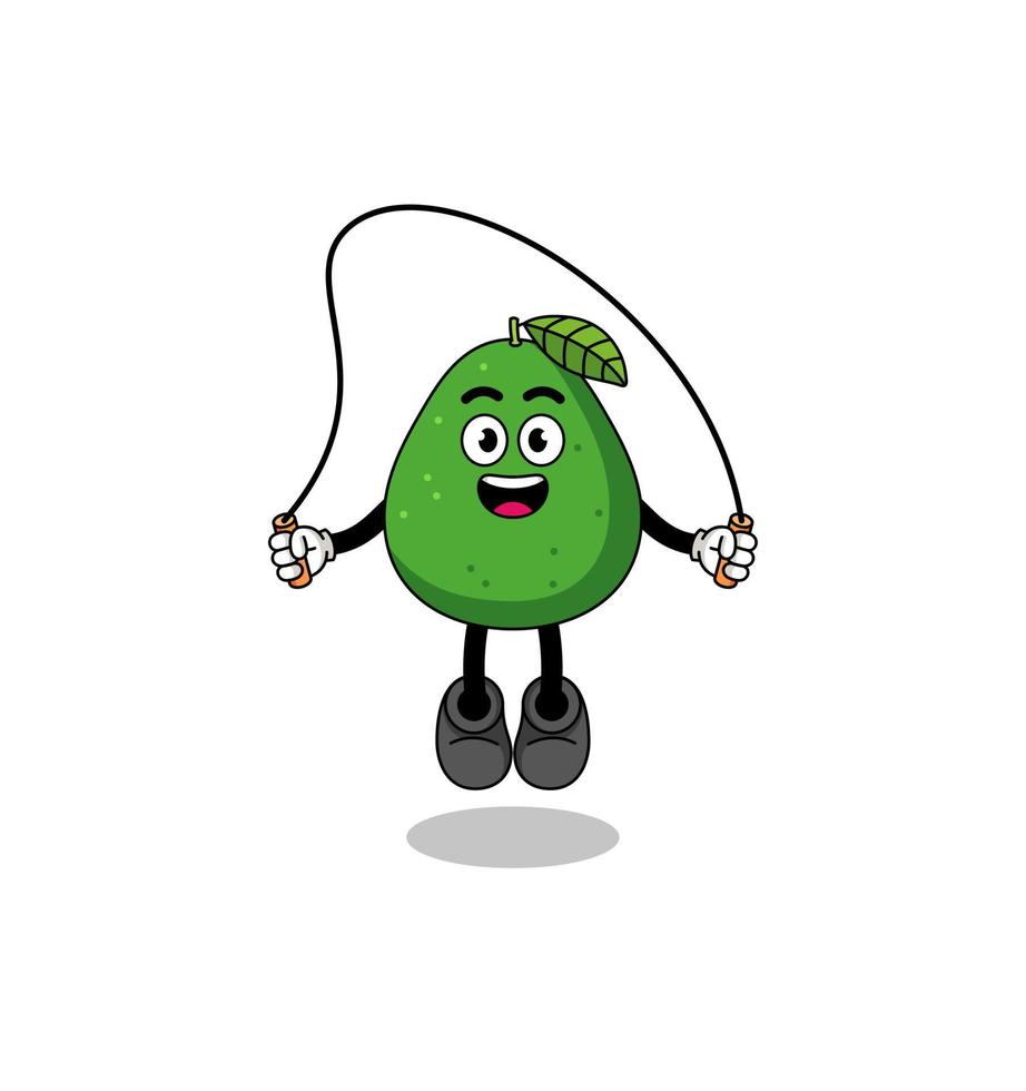 la caricatura de la mascota de la fruta del aguacate está jugando a saltar la cuerda vector