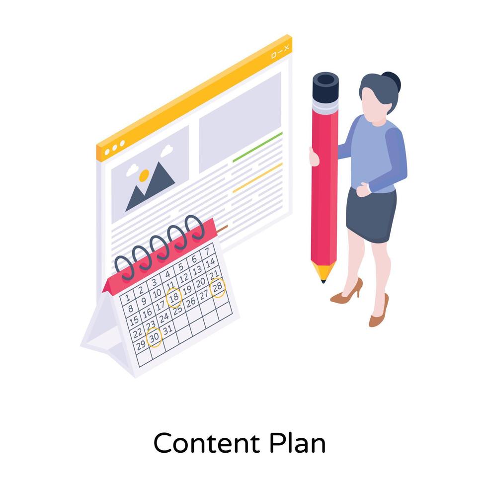 calendario y sitio web, un icono isométrico del plan de contenido vector