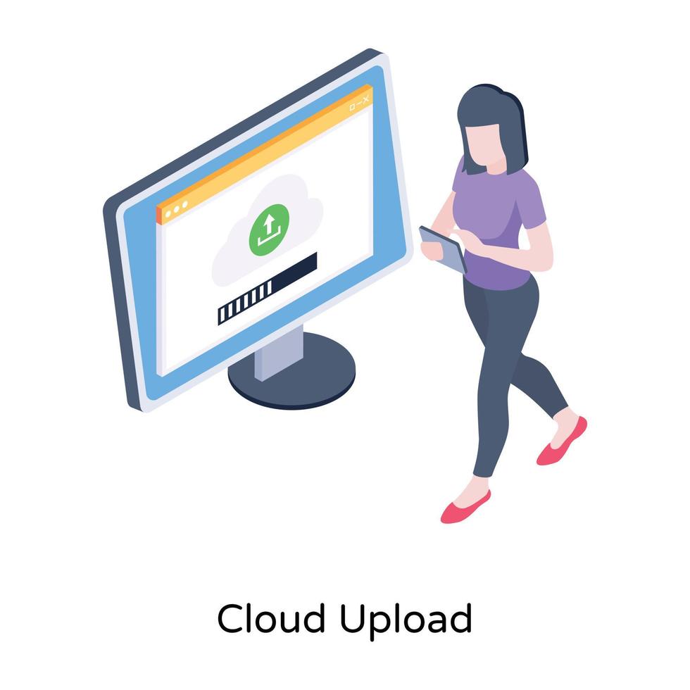 Transfer of online data, isometric icon of cloud upload vector