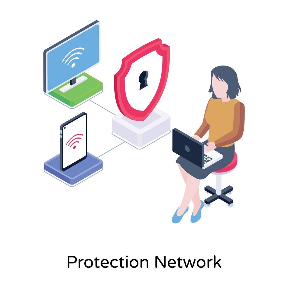 Devices connected with a shield, an isometric icon of protection network vector