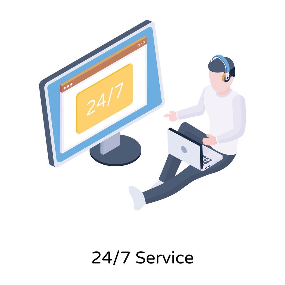 Person wearing headphones, isometric icon off 24 HR service vector