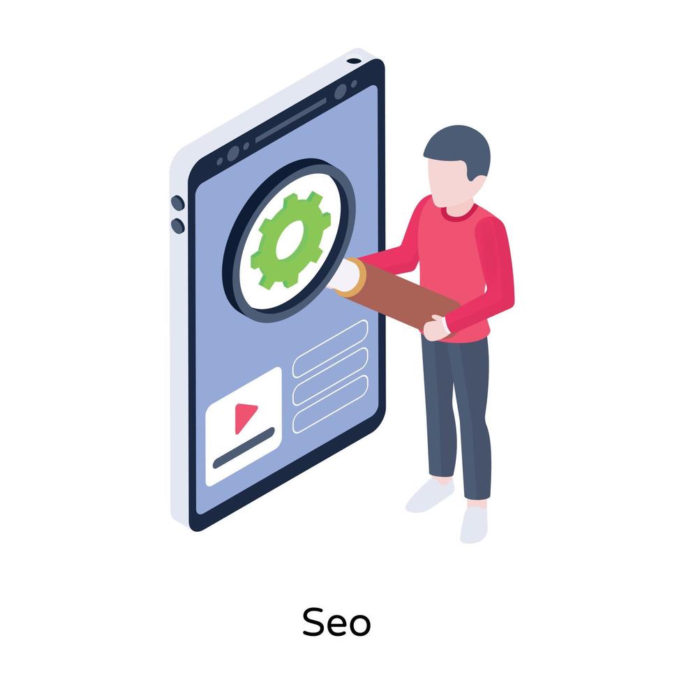 Person with magnifier, mobile and cogwheel, concept of SEO isometric icon vector