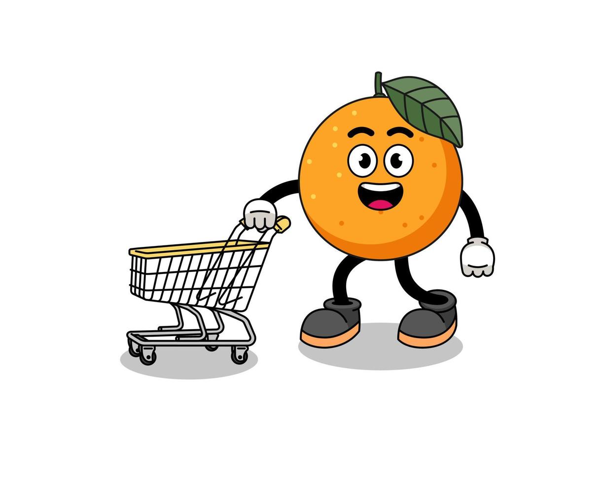 Cartoon of orange fruit holding a shopping trolley vector
