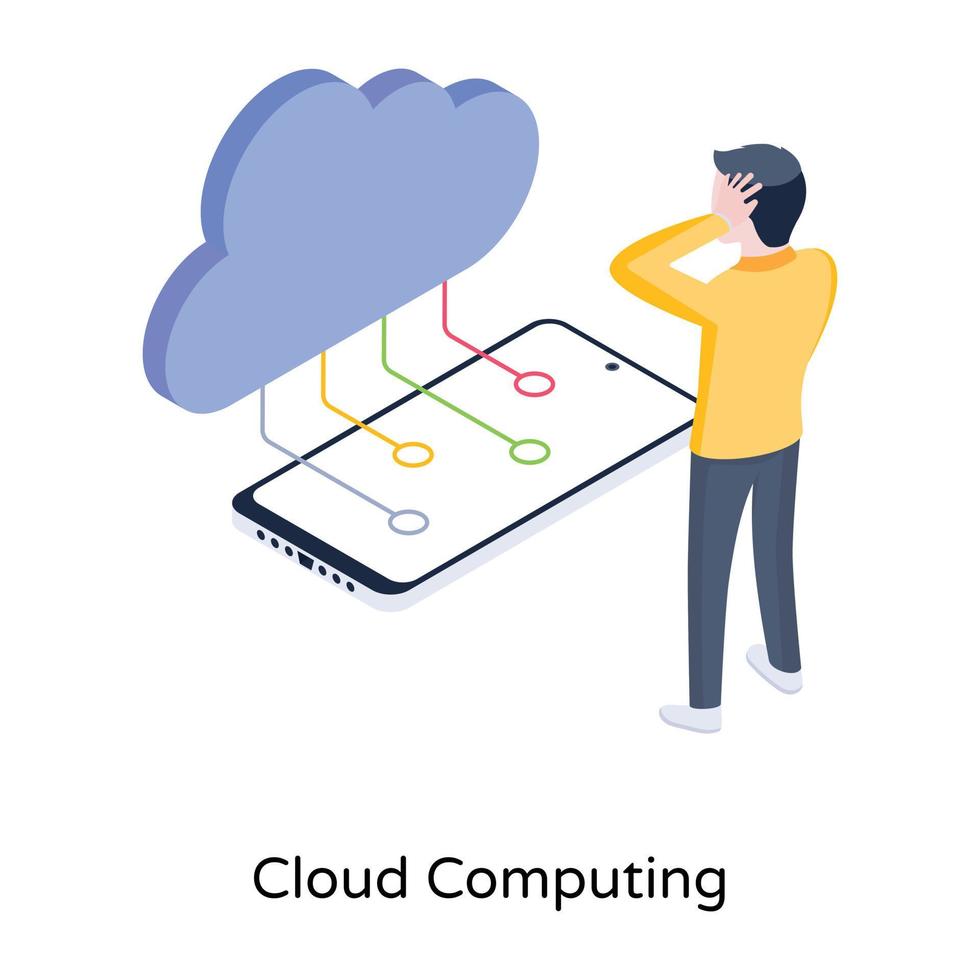 Cloud nodes network attached with phone, isometric icon of cloud computing vector