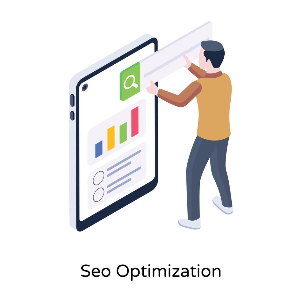 motor de búsqueda móvil, un icono isométrico de optimización seo vector