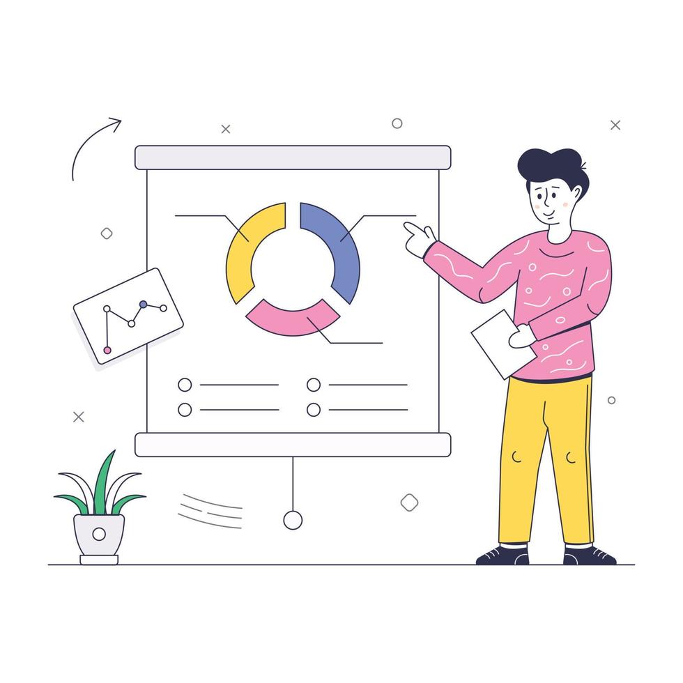 Person explaining business graph and chart, a flat illustration of data presentation vector