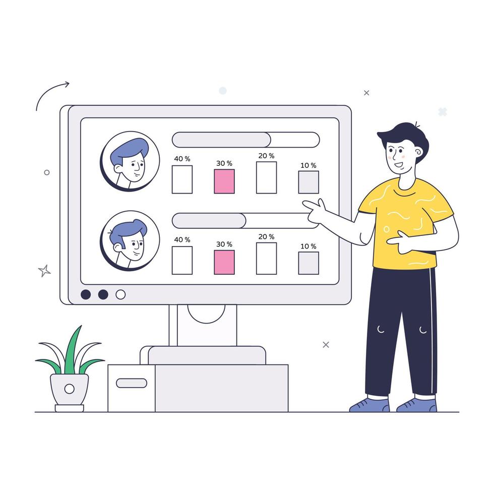 Person explaining business graph and chart, a flat illustration of data presentation vector