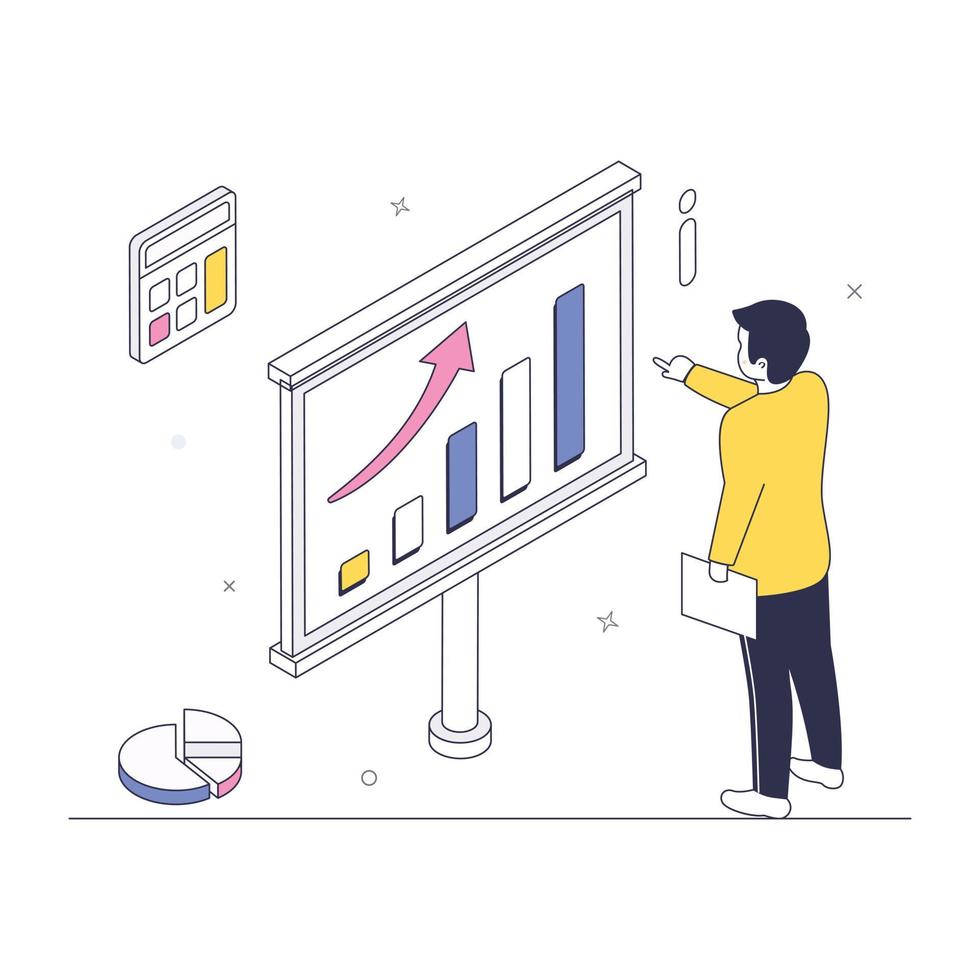 persona que explica el gráfico y el gráfico de negocios, una ilustración plana de la presentación de datos vector