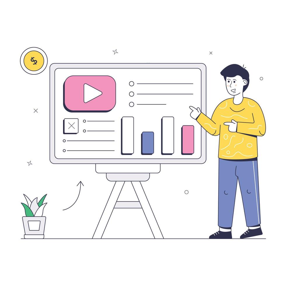 Person explaining business graph and chart, a flat illustration of data presentation vector