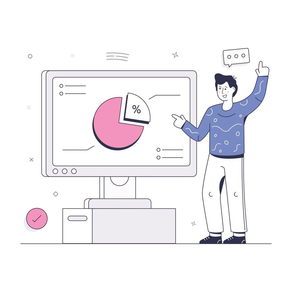 Pie chart and magnifier, concept of data analysis isometric illustration vector