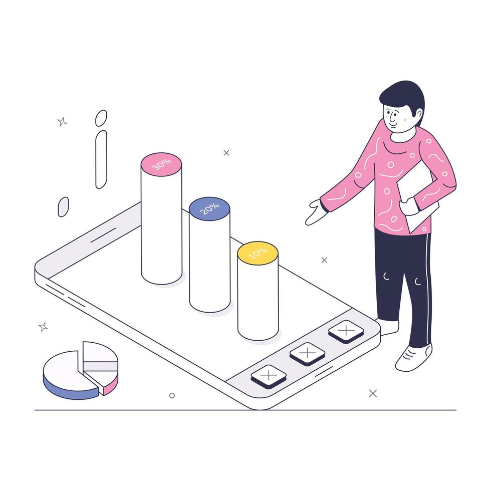 Pie chart and magnifier, concept of data analysis isometric illustration vector